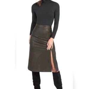 Spanx Faux Leather Pull-On Midi Slit Skirt Black size XL stretch shaping